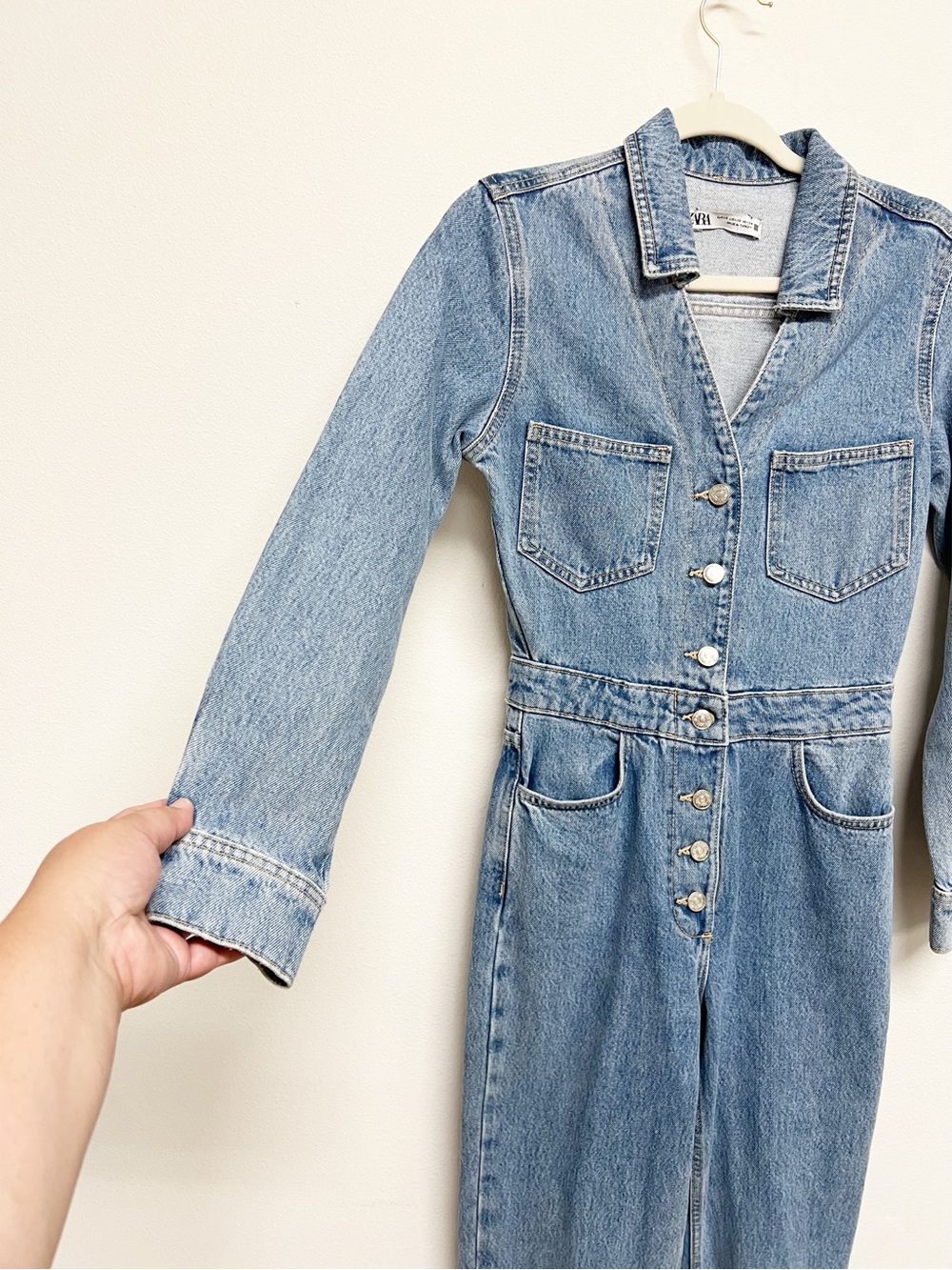 Zara Womens Medium Wash Denim Long Sleeve Denim Jumpsuit Size XS - Picture 3 of 7